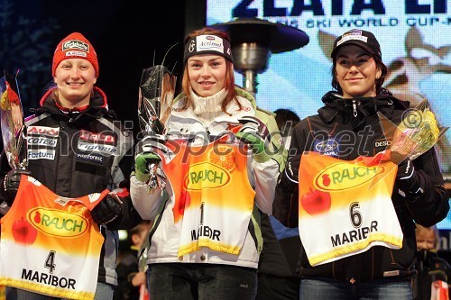 Smučarke Tanja Poutiainen, Finska, Tina Maze, Slovenija in Maria Rienda Contreras, Španija 
(žrebanje štartnih številk za Veleslalom)