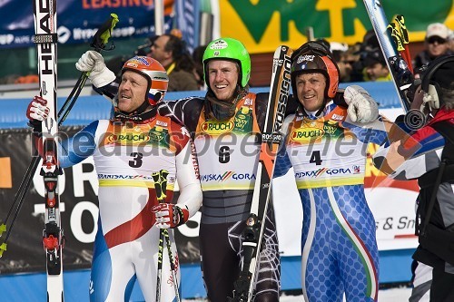 2. mesto: Didier Cuche, Švica, 1. mesto: Ted Ligety, ZDA in 3. mesto: Massimiliano Blardone, Italija