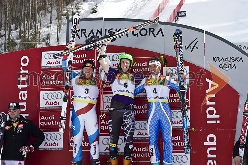 2. mesto: Didier Cuche, Švica, 1. mesto: Ted Ligety, ZDA in 3. mesto: Massimiliano Blardone, Italija