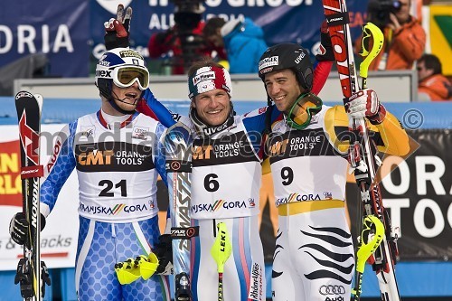 Giuliano Razzoli, Italija, 2.mesto,  Julien Lizeroux, Francija, 1. mesto, in Felix Neureuther, Nemčija, 3.mesto