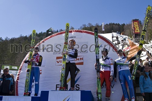 Adam Malysz, poljski smučarski skakalec, Harri Olli, finski smučarski skakalec, Robert Kranjec, slovenski smučarski skakalec in Simon Ammann, švicarski smučarski skakalec