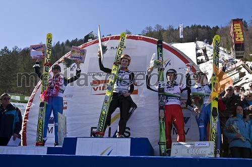 Adam Malysz, poljski smučarski skakalec, Harri Olli, finski smučarski skakalec, Robert Kranjec, slovenski smučarski skakalec in Simon Ammann, švicarski smučarski skakalec