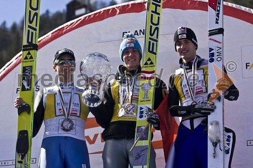 Simon Ammann, švicarski smučarski skakalec, Gregor Schlierenzauer, avstrijski smučarski skakalec in Wolfgang Loitzl, avstrijski smučarski skakalec