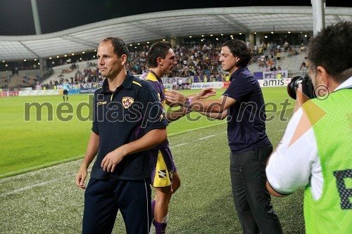 Ante Šimundža, pomočnik trenerja pri NK Maribor, Zoran Pavlovič, nogometaš NK Maribor in Zlatko Zahovič, športni direktor NK Maribor