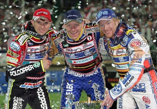 Prvi trije, od leve: Leigh Adams (Avstralija), Tony Rickardsson (Švedska) in Jason Crump (Avstralija)