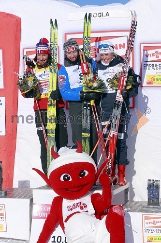 2. mesto: Marit Bjoergen, Norveška, 1. mesto: Justyna Kowalczyk, Poljska in 3. mesto: Anna Haag, Švedska