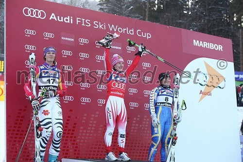 Maria Riesch, smučarka (Nemčija), drugouvrščena na veleslalomu za 46. Zlato lisico, Kathrin Zettel, smučarka (Avstrija) in zmagovalka veleslaloma za 46. Zlato lisico ter Anja Paerson, smučarka (Švedska), tretjeuvrščena na veleslalomu za 46. Zlato lisico