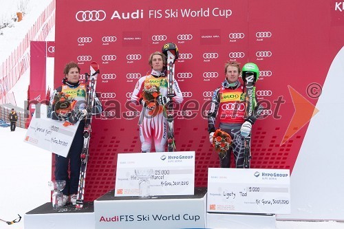 Kjetil Jansrud, smučar (Norveška), drugouvrščeni na veleslalomu za 49. Pokal Vitranc, Marcel Hirscher, smučar (Avstrija) in zmagovalec veleslaloma za 49. Pokal Vitranc ter Ted Ligety, smučar (ZDA), tretjeuvrščeni na veleslalomu za 49. Pokal Vitranc