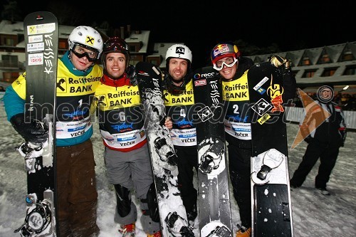 Rok Flander, deskar na snegu, Silvan Dofour (Francija), Andi Prommegger (Austrija) in Benjamin Karl (Austrija)