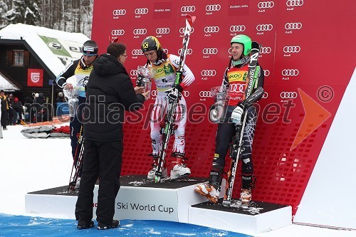 Kjetil Jansrud, smučar (Norveška), drugouvrščeni na veleslalomu za 49. Pokal Vitranc, Marcel Hirscher, smučar (Avstrija) in zmagovalec veleslaloma za 49. Pokal Vitranc, Ted Ligety, smučar (ZDA), tretjeuvrščeni na veleslalomu za 49. Pokal Vitranc ter Igor Lukšič, minister za šolstvo in šport