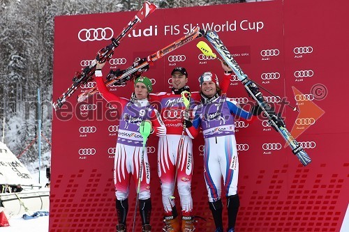 Marcel Hirscher, smučar (Avstrija), drugouvrščeni smučar na slalomu za 49. Pokal Vitranc, Reinfried Herbst, smučar (Avstrija) in zmagovalec slaloma za 49. Pokal Vitranc ter Julien Lizeroux, smučar (Francija), tretjeuvrščeni na slalomu za 49. Pokal Vitranc