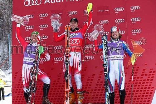 Marcel Hirscher, smučar (Avstrija), drugouvrščeni smučar na slalomu za 49. Pokal Vitranc, Reinfried Herbst, smučar (Avstrija) in zmagovalec slaloma za 49. Pokal Vitranc ter Julien Lizeroux, smučar (Francija), tretjeuvrščeni na slalomu za 49. Pokal Vitranc