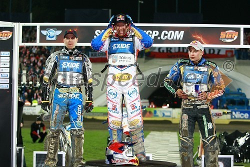 Jaroslaw Hampel (Poljska), Jason Crump (Avstralija) in Emil Sayfutdinov (Rusija)