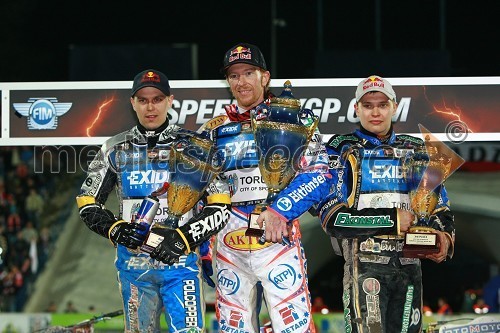 Jaroslaw Hampel (Poljska), Jason Crump (Avstralija) in Emil Sayfutdinov (Rusija)