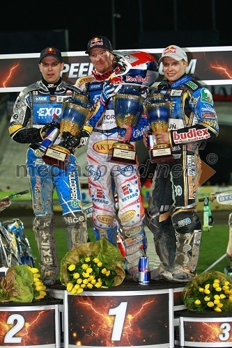 Jaroslaw Hampel (Poljska), Jason Crump (Avstralija) in Emil Sayfutdinov (Rusija)