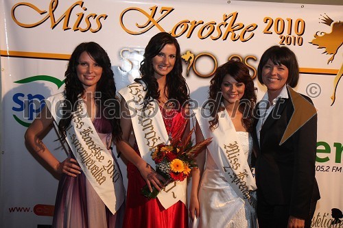 Sandra Adam, prva spremljevalka Miss Koroške 2010, Sandra Skutnik, Miss Koroške 2010, Tanja Volič, druga spremljevalka Miss Koroške 2010 in Miljana Hofbauer, lastnica salona Estetiq Hofbauer