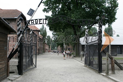 V obeh taboriščih Auschwitz I (Oswiecim I) in bližnjem Auschwitz II - Birkenau (Brzezinka) je skozi ta zlovešča in zgodovinsko nepozabna vrata z zloglasnim napisom 
