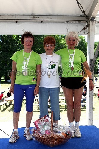 Marjanca Jerman (2.mesto), Lojzka Bratuša(1.mesto) in Kazimira Lužnik (3.mesto), tekmovalke na 10km v skupini 65let in več