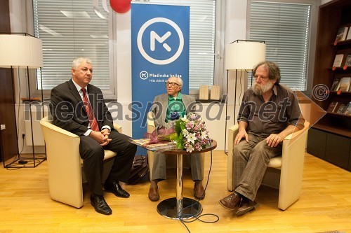 Peter Tomšič, predsednik uprave Mladinske knjige Založbe (MKZ), Boris Pahor, pisatelj in Zdravko Duša, urednik Cankarjeve založbe