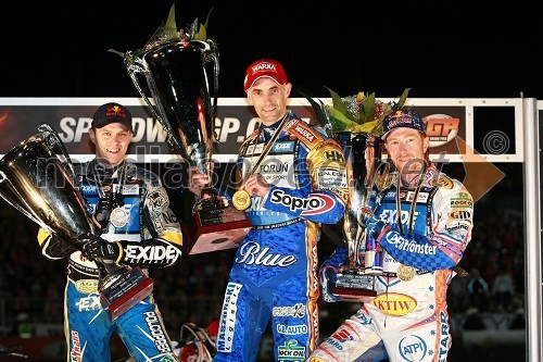 Jaroslaw Hampel (Poljska), Tomasz Gollob (Poljska) in Jason Crump (Australia)