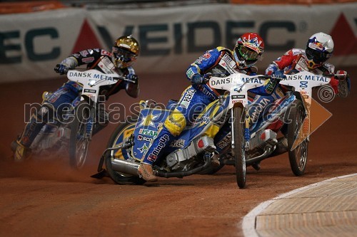 Bjarne Pedersen Danska), Andreas Jonsson (Švedska) in Jaroslaw Hampel (Poljska)
