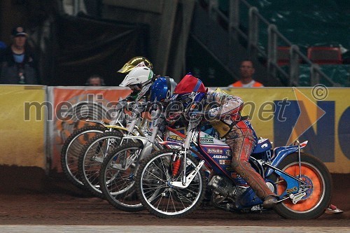 Lee Richardson (VBR), Bjarne Pedersen (Danska), Greg Hancock (ZDA) in Jason Crump (Avstralija) prva polfinalna vožnja na VN Danske
