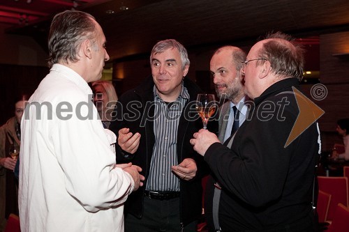 Jonas Žnidaršič, igralec, Zoran Predin, glasbenik, Janez Lombergar, vd direktorja Televizije Slovenija in Gojmir Lešnjak Gojc, igralec, režiser