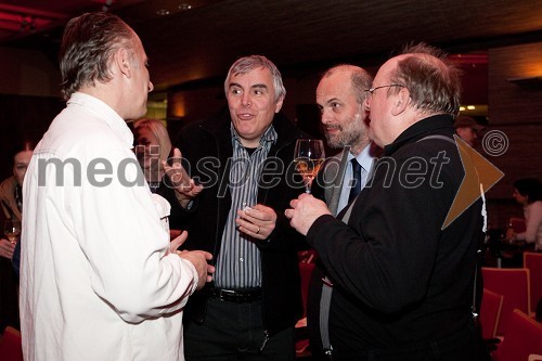 Jonas Žnidaršič, igralec, Zoran Predin, glasbenik, Janez Lombergar, vd direktorja Televizije Slovenija in Gojmir Lešnjak Gojc, igralec, režiser