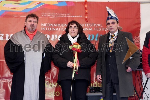 Dr. Štefan Čelan, župan Ptuja, Ljubica Jelušič, ministrica za obrambo ter Branko Brumen, vodja Kurentovanja 2011 in predsednik FECC Slovenija