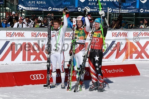 Alexis Pinturault, smučar (Francija), Carlo Janka, smučar (Švica) in zmagovalec veleslaloma ter Ted Ligety (USA)