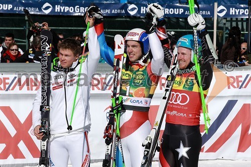 Alexis Pinturault, smučar (Francija), Carlo Janka, smučar (Švica) in zmagovalec veleslaloma ter Ted Ligety (USA)