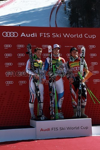 Alexis Pinturault, smučar (Francija), Carlo Janka, smučar (Švica) in zmagovalec veleslaloma ter Ted Ligety (USA)