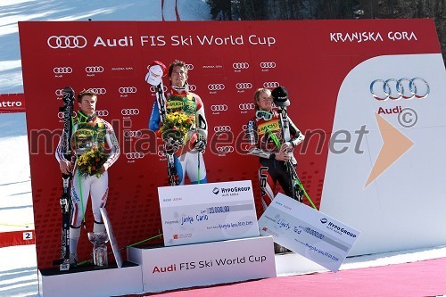 Alexis Pinturault, smučar (Francija), Carlo Janka, smučar (Švica) in zmagovalec veleslaloma ter Ted Ligety (USA)