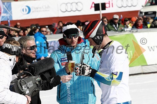 Rene Mlekuž, nekdanji alpski smučar, Aleš Gorza in Mitja Dragšič, smučarja