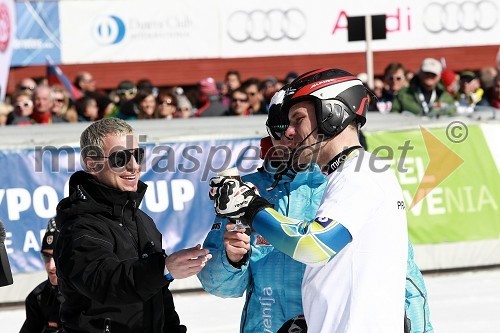 Rene Mlekuž, nekdanji alpski smučar, Aleš Gorza in Mitja Dragšič, smučarja