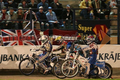 Leigh Adams (Avstralija), Matej Žagar (Slovenija), Greg Hancock (ZDA) in Nicki Pedersen (Danska) v drugi polfinalni vožnji na VN Latvije