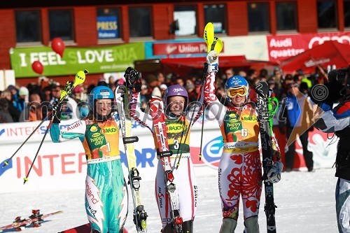 Tanja Poutiainen, smučarka (Finska), Michaela Kirchgasser, smučarka (Avstrija) in Veronika Zuzulova , smučarka (Slovaška)