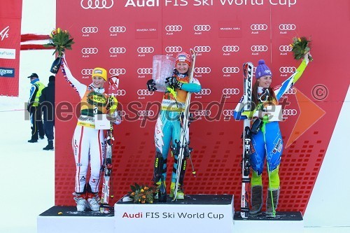 Michaela Kirchgasser, smučarka (Avstrija), Tanja Poutiainen, smučarka (Finska) in Tina Maze, smučarka (SLO)