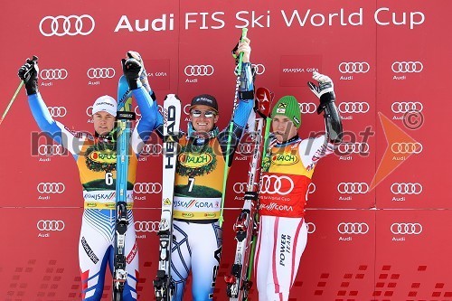 		
 	Alexis Pinturault, FRA, 2. mesto, Ted Ligety, ZDA, zmagovalec veleslaloma in Marcel Hirscher, AUS, 3. mesto