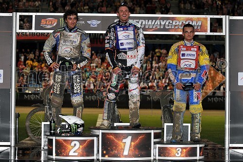 Chris Holder (Avs), 2. mesto, Martin Vaculik (Slk), zmagovalec dirke in  Bartosz Zmarzlik (Pol), 3. mesto