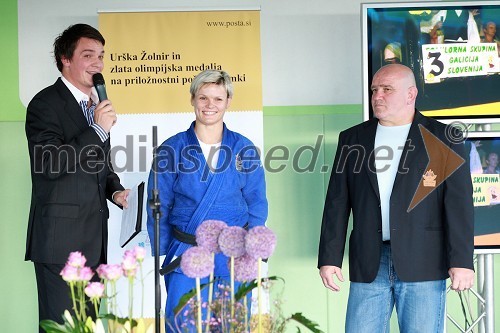 Mitja Šeško, povezovalec, Urška Žolnir, judoistka, Marjan Fabjan, trener