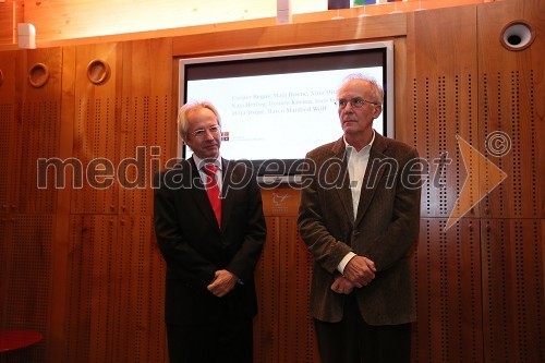 Prof. dr. Edvard Kovač, član uprave Škrabčeve Ustanove in Tomaž Šalamun, pesnik in akademik