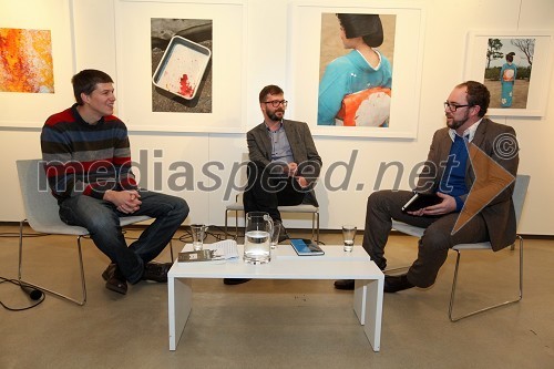 Goran Vojnovič, pisatelj, Mats Kolmisopi, pisatelj in Per Bergström, član švedske založbe Rámus