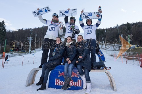 Luka Mohorko, 2.mesto; Sašo Brecelj, 1. mesto; Gorazd Šlamberger, 3. mesto; Red Bull promotorke