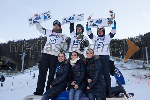 Luka Mohorko, 2.mesto; Sašo Brecelj, 1. mesto; Gorazd Šlamberger, 3. mesto; Red Bull promotorke