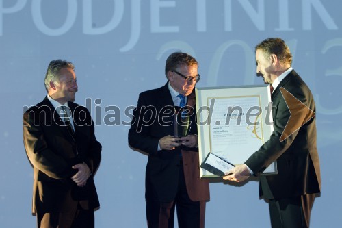 Stanko Stepišnik, minister za gospodarstvo; Albert Erman, podjetnik leta 2012; Branko Meh, predsednik upravnega odbora Obrtne zbornice Slovenije