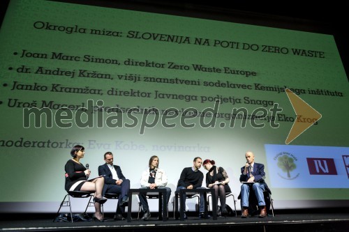 Eva Kobe, novinarka; dr. Andrej Kržan, višji znanstveni sodelavec Kemijskega inštituta; Uroš Macerl, predsednik nevladne organizacije Eko krog; Joan Marc Simon, direktor Zero Waste Europe; Ana Dejanović, študentka tolmačenja; Janko Kramžar, direktor Javnega podjetja Snaga