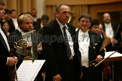 Boštjan Lipovšek, solist simfoničnega orkestra RTV Slovenija, Tomaž Habe, skladatelj in Uroš Lajovic, dirigent