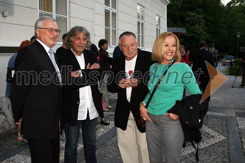 Prof. dr. Stane Bernik, dekan Akademije za likovno umetnost in oblikovanje, ..., Dušan Jovanovič, režiser in Milena Zupančič, igralka in ambasadorka UNICEF-a