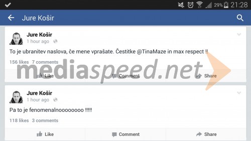 Jure Košir je preko Facebook-a izrazil podporo naši šampionki Tini Maze.